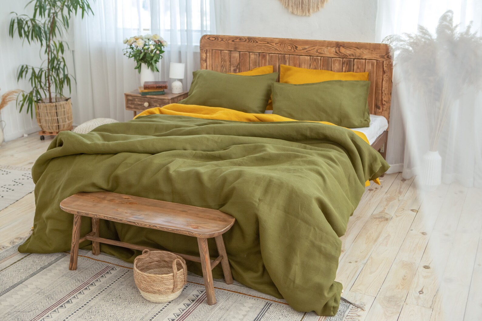 Olive linen duvet cover with pillow covers Moss green linen Etsy