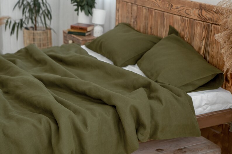 Olive linen duvet cover with pillow covers Moss green linen Etsy