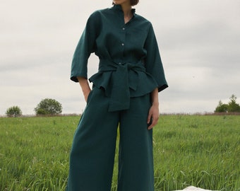 Forest green linen set with culottes and button down shirt with mandarin collar
