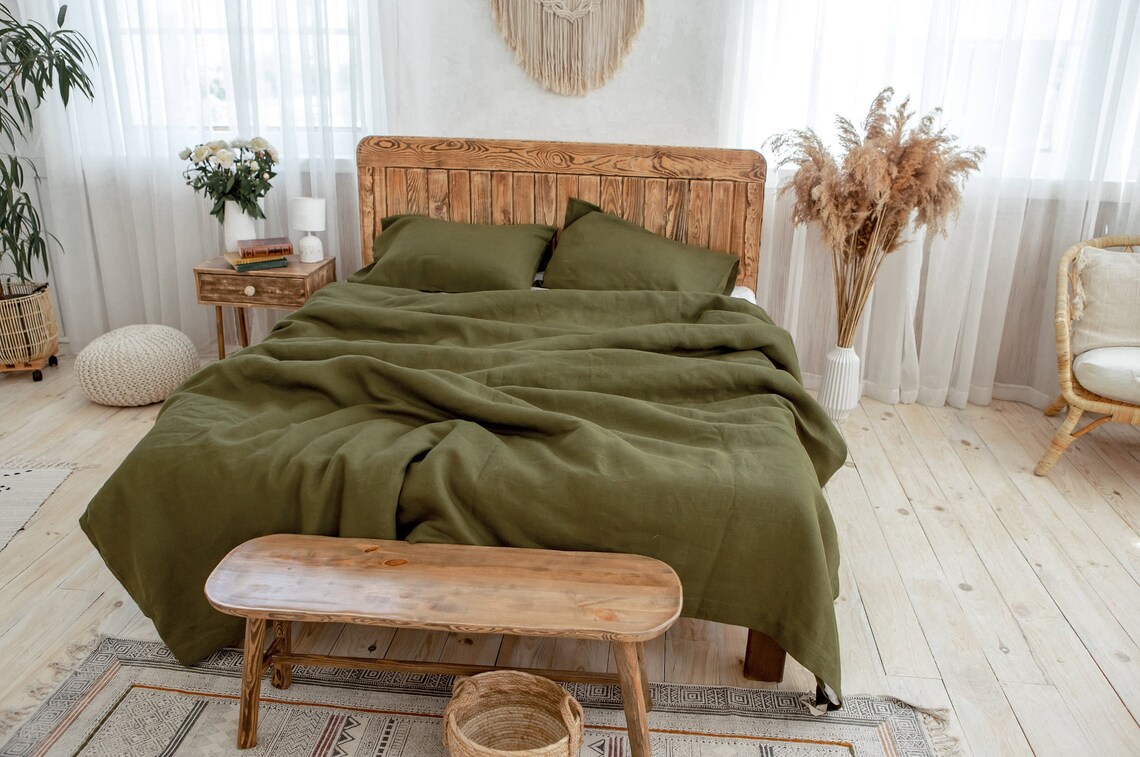 Olive linen duvet cover with pillow covers Moss green linen Etsy