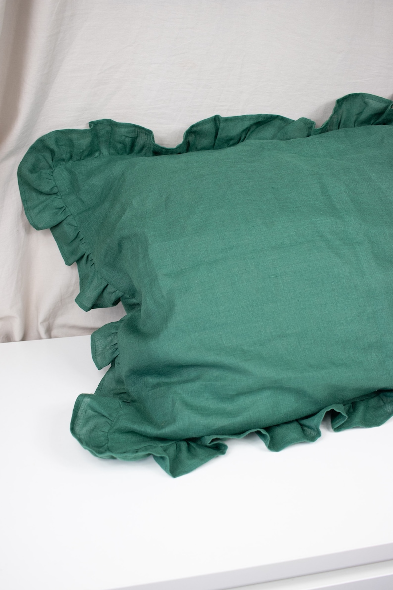 Emerald ruffle linen pillow cover Pine forest linen pillow Etsy