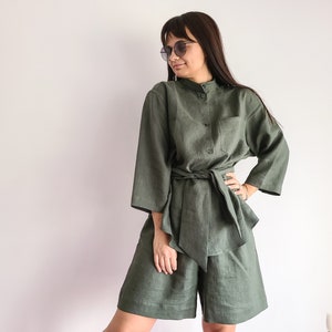 Linen set - button down shirt and shorts Linen pajama set Linen home clothes Home apparel in moss green linen