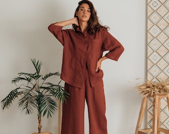Terracotta linen suit set - shirt and culottes plus size
