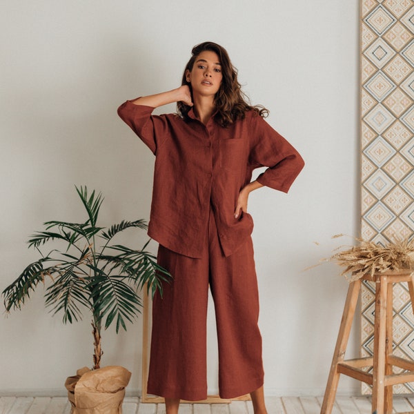 Terracotta linen suit set - shirt and culottes plus size