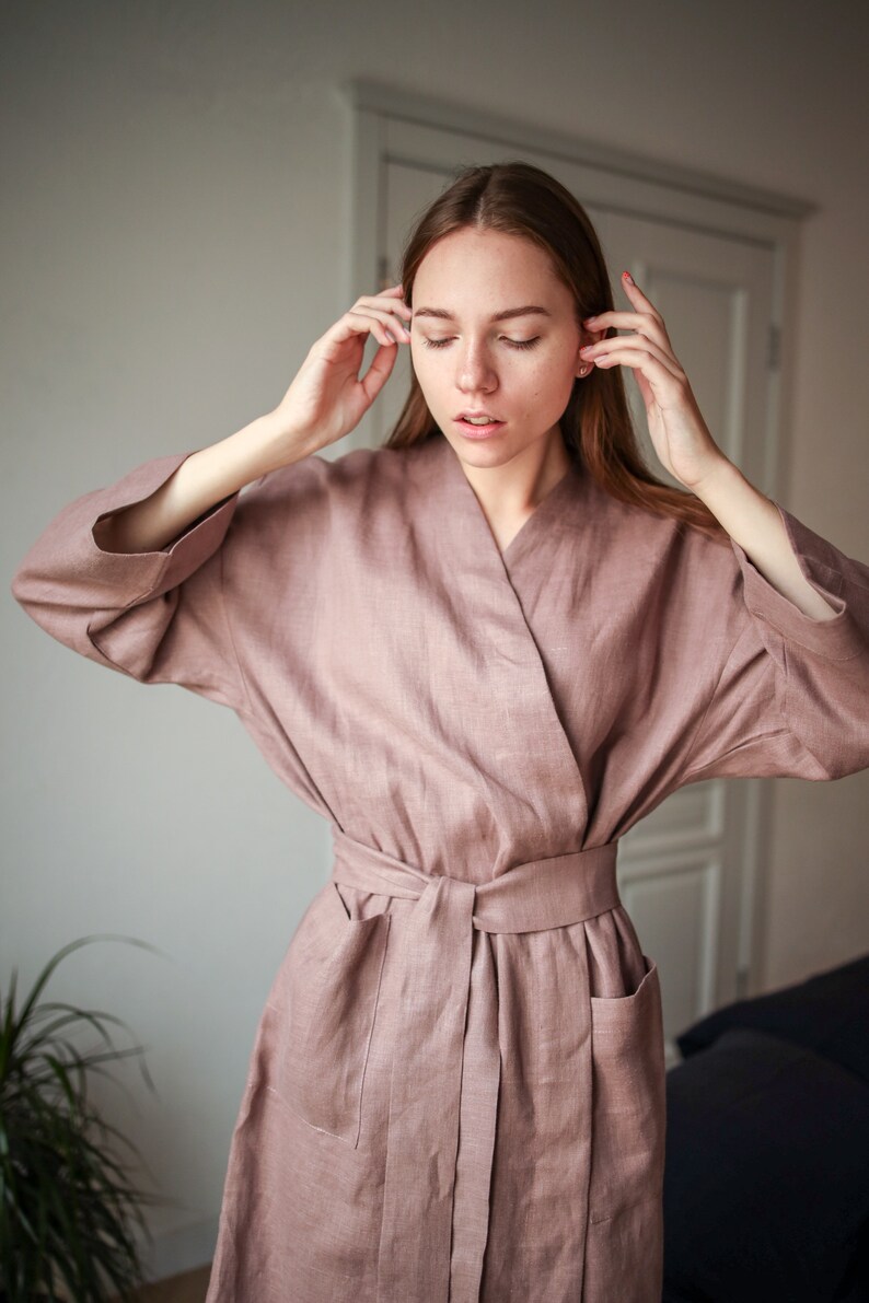 Linen bath robe Softened linen wrap dress with belt Loose | Etsy