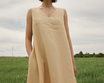 Linen sleeveless dress in beige color Maxi summer dress with pockets