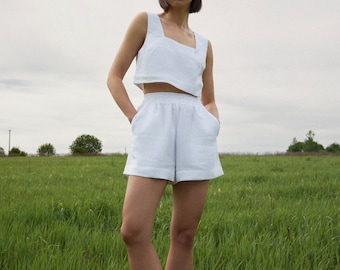 Linen cropped top and shorts Summer linen outfit with top Linen home clothing, loungewear, pajama set with cropped shorts