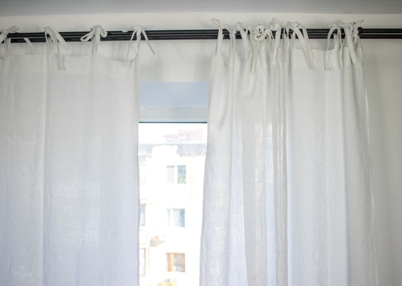 White Linen Curtain Panel With Ties Tab Top Linen Semi Sheer Etsy