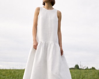White linen cottagecore dress Summer vacation sleeveless robe Simple wedding bridal garment