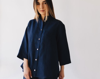 Navy blue pajama set from linen Bridesmaid linen sets Wedding day pajama sets