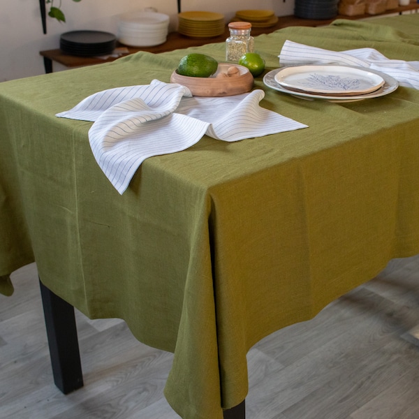 Olive green linen tablecloth Rectangular table cloth Wedding tablecloth serving Moss green diner table runner Softened linen