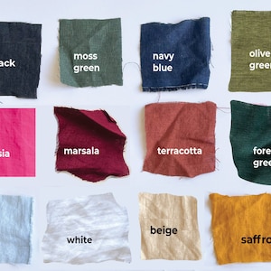 May include: A collection of fabric swatches in various colors, including black, moss green, navy blue, olive green, fuchsia, marsala, terracotta, forest green, light blue, white, beige, and saffron. Each swatch has a color name printed on it.