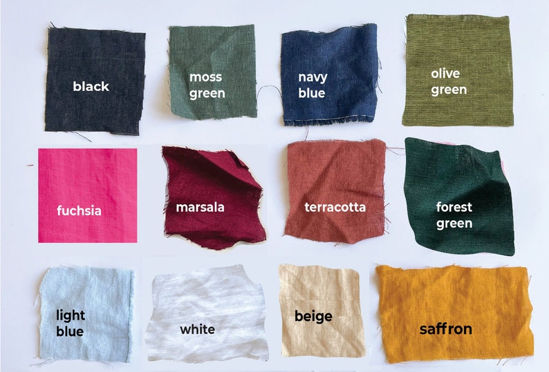 May include: A collection of fabric swatches in various colors, including black, moss green, navy blue, olive green, fuchsia, marsala, terracotta, forest green, light blue, white, beige, and saffron. Each swatch has a color name printed on it.