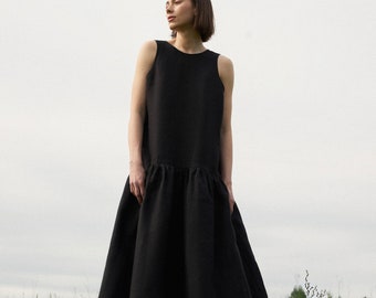 Linen black dress with low waist Sleeveless maxi dress
