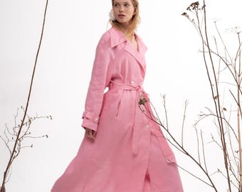 Linen trench coat Woman oversized natural jacket Lightweight summer outwear Wrap dress