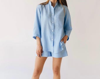 Sky blue linen pajama set with cropped shorts and shirt in natural linen