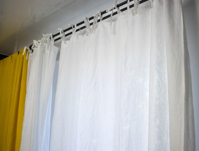 White Linen Curtain Panel With Ties Tab Top Linen Semi Sheer Etsy