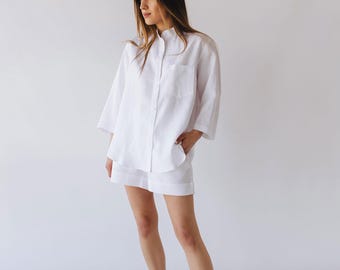 White Linen Pajama Set with Cropped Shorts & Shirt – Perfect for Bridesmaids, Lounging, or Summer Days