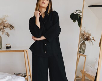 Black linen pajamas with shirt and culottes for wellness days