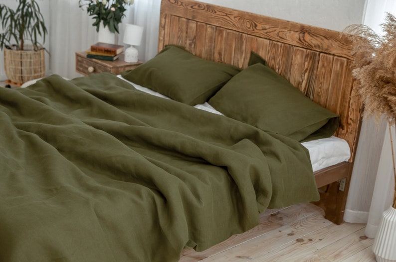 Olive linen duvet cover with pillow covers Moss green linen Etsy
