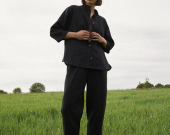 Black linen woman set – culottes and shirt for Christmas, holidays and lounging
