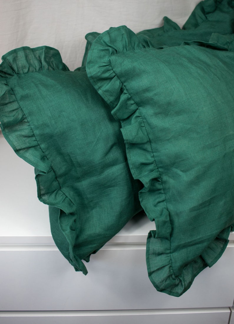 Emerald ruffle linen pillow cover Pine forest linen pillow Etsy