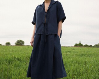 Navy blue linen set with wrap skirt & tied crop shirt Perfect Christmas gift