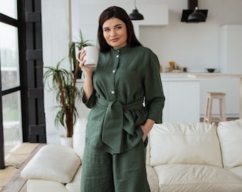 Plus size linen pajamas with shirt and culottes pants in moss green for home wear, sleepwear and summer set
