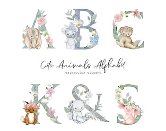 Cute Animals watercolor letters, alphabet clipart, animals alphabet, watercolor alphabet, animals letters png, printable letters