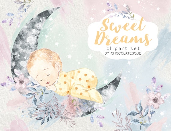 Download Watercolor Clipart Baby Clipart Moon Clipart Sleeping Baby Etsy
