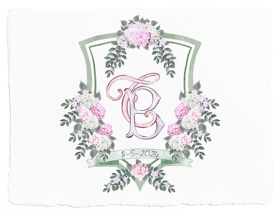 Hydrangea Watercolor Floral Monogram Wedding Crest Monogram 