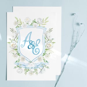White Flowers wedding crest, watercolor crest, wedding monogram, wedding art, watercolor monogram, wedding gift, wedding invitation