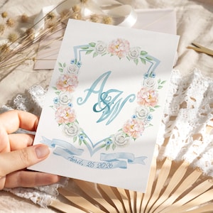 Peach Peony White Rose Crest Design, custom crest, custom monogram, family crest, wedding crest,business logo design,watercolor logo