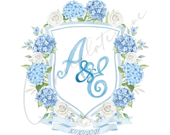 Blauwe hortensia trouwembleem: aquarel bloemenmonogram (digitale download)
