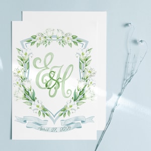 Lisianthus Crest Design, watercolor crest, monogram, white flowers invitation, wedding crest, logo design, white floral wedding,custom crest