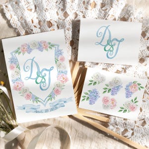 Escudo floral, escudo personalizado, flores rosas, blancas, azules y lilas, escudo de acuarela, monograma de boda, invitación floral, regalo de boda, invitación de boda