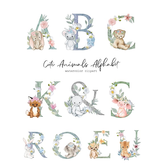 Watercolor Animal Alphabet Clipart, Printable Letters (PNG)