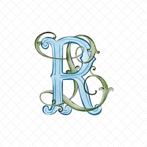 Könnte beinhalten: Ein Monogramm-Buchstabe "R" im Aquarellstil in Hellblau mit grünen Verzierungen. Der Buchstabe hat ein verziertes, Vintage-Design, vor einem weißen Hintergrund mit einem dezenten Rautenmuster. Die Gesamtästhetik ist elegant und dekorativ.