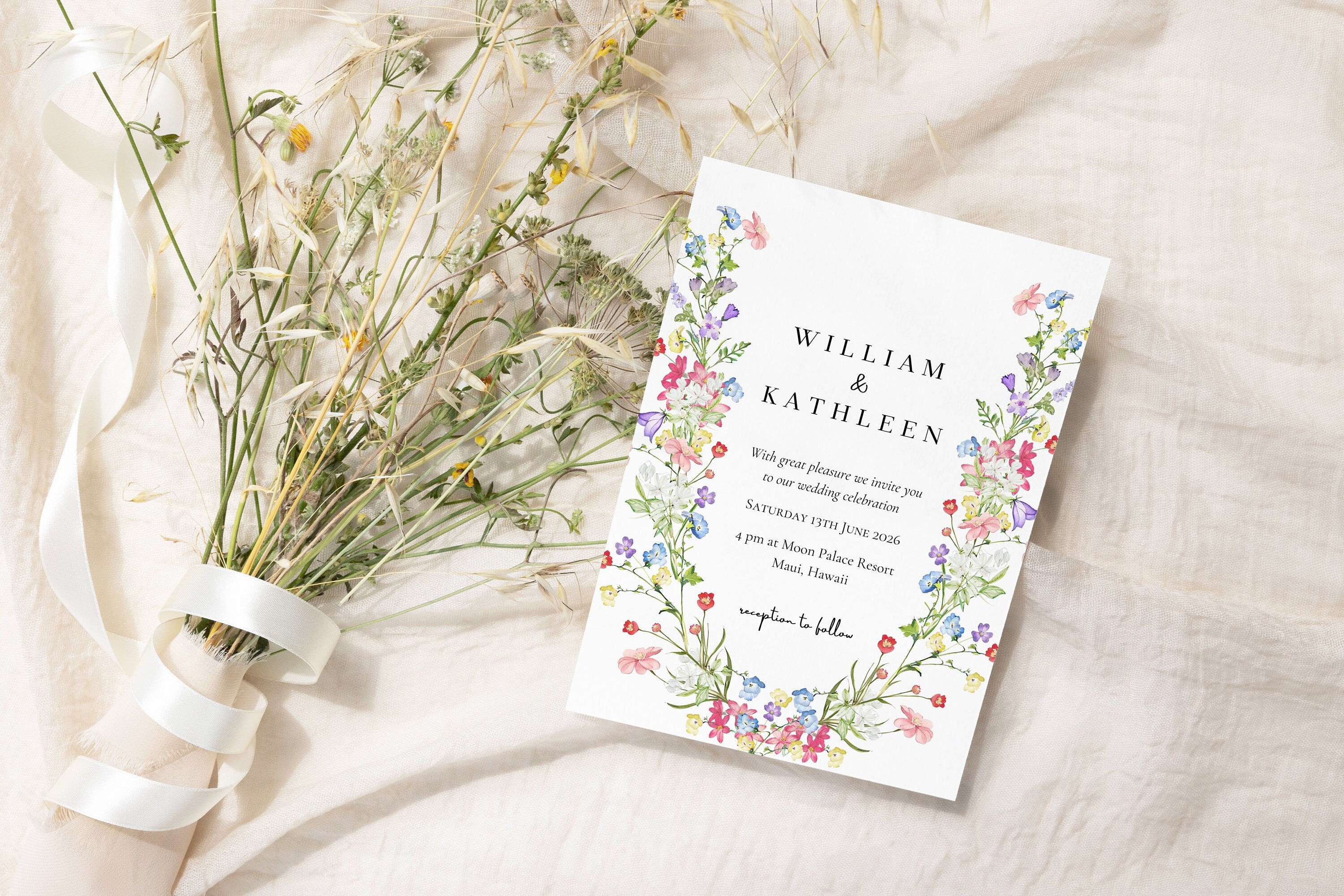 Colorful wild flowers Invitation template,watercolor invitation, wedding invitation, diy invitation, Canva template, wedding template, CWFi3