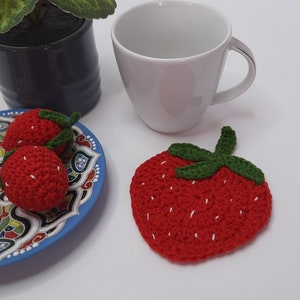 Strawberry Coasters, Apple Coasters, Cute Coasters Fruit, Strawberry Decor, Crochet Coasters Apple, Fruit Gifts, Kitchen Decor Fruit