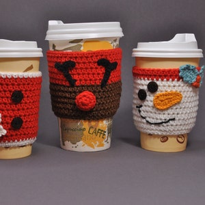 Cup Cozy Christmas Crochet Cup Cozy Snowman, Cup Cozy Crochet, Deer Cup Cozy, Christmas Decor, Christmas Family Gift Crochet Coffee Cup Cozy