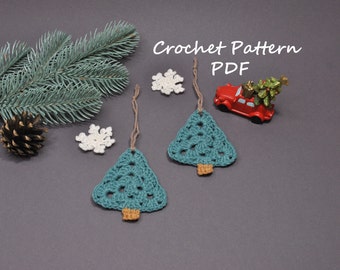 May include: Two teal crocheted Christmas tree ornaments with brown yarn stems on a gray background. The text "Crochet Pattern PDF" is visible in the image.