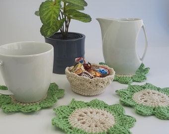 Succulent Coasters in a Basket, Coasters and Pot, Crochet Coasters Succulent Gifts