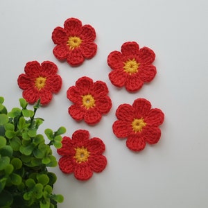 Flower appliques, Set of 6 crochet flowers, Red flower for hair pins, Decor for baby clothes, Appliques for pet clothing, pillows, blankets
