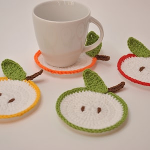 Set of 4 Apple Coasters, Cute Coasters Fruit, Apple Decor, Crochet Coaster Apple, Kitchen Decor Fruit, Apple Green Yellow Red Orange Apple