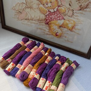 May include: A framed cross-stitch of a bunny and hedgehog, with a collection of colorful embroidery floss in shades of purple, pink, and brown. The floss is bundled and labeled, perfect for needlepoint or cross-stitch projects.