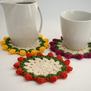 Set of 3 Crochet Coasters Tulips, Cute Flower Coasters, Home Decor,  Tulip Gift, Kitchen Decor, Cute Coasters Tulip, Coasters Flower Tulip