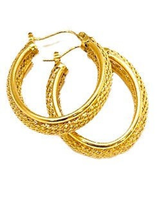 14K gold oval textured gold hoops earrings - image 2