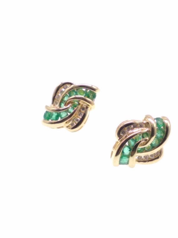 Gold emerald diamonds 14K gold earrings