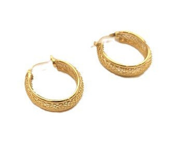 14K gold oval textured gold hoops earrings - image 1